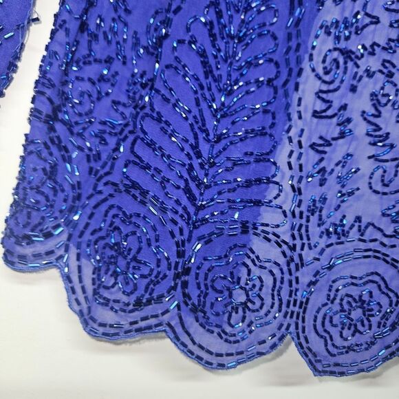 Elegant Blue Beaded 100% Silk Cardigan By Blavk Tie Oleg Cassini Size 10 - Picture 6 of 6